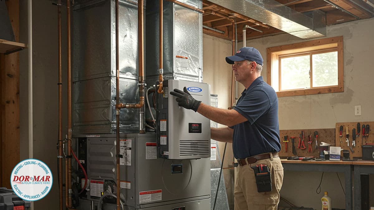 Dor-Mar service tech installing humidifier in furnace